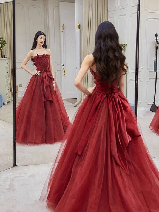 Sexy Ball Gown Strapless Burgundy Tulle Long Evening Gowns Prom Dresses