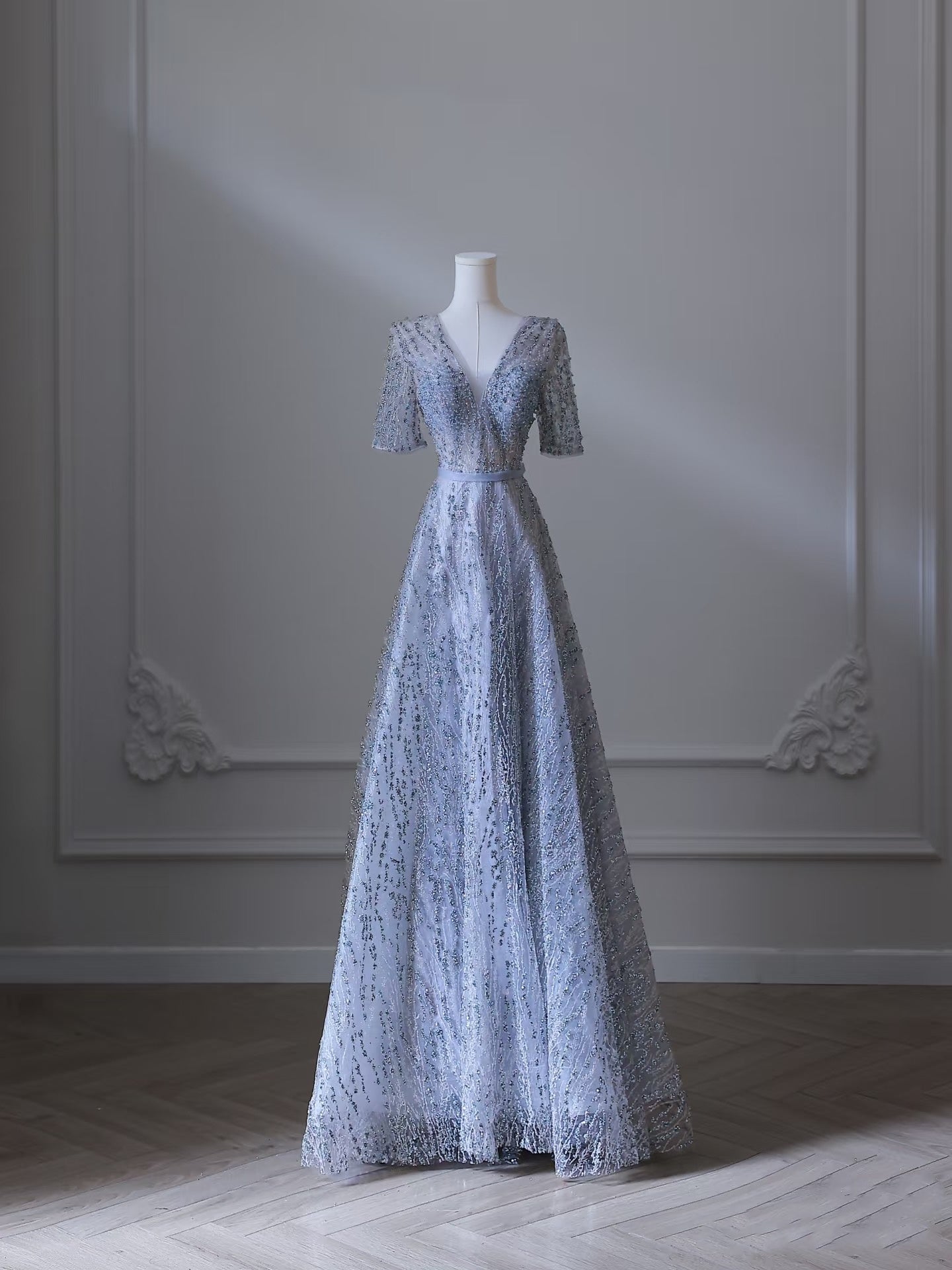 Pretty A line V Neckline Blue Sequin Long Prom Dresses Evening Gowns