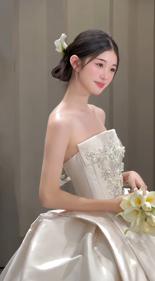 Pretty Ball Gown Strapless Satin Beaded Long Wedding Dresses C4060