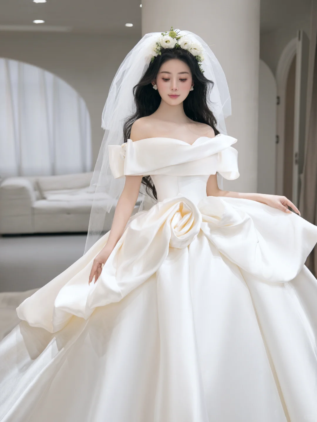 Elegant Ball Gown Off The Shoulder Satin With Veil Long Wedding Dresses C4100