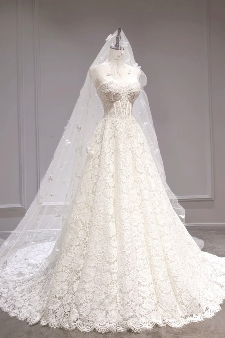 Gorgeous Ball Gown Strapless Tulle Lace With Veil Long Wedding Dresses C4266