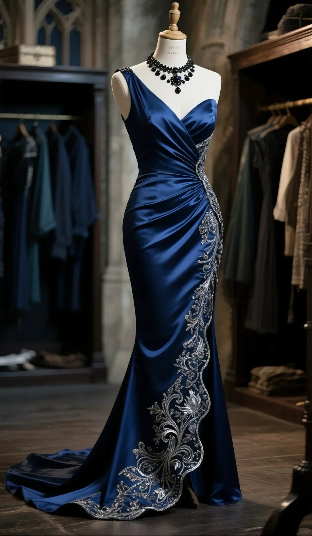 Mermaid One Shoulder Navy Satin Ruffle Long Prom Dress, Evening Dress fg8493