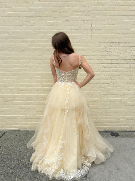 Pretty Yellow Spaghetti Straps Tulle Appliques Long Wedding Guest Dress Party Dress D1957