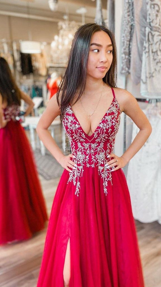 Red A-line Long Prom Dress With Split,Red Formal Dress Y5336