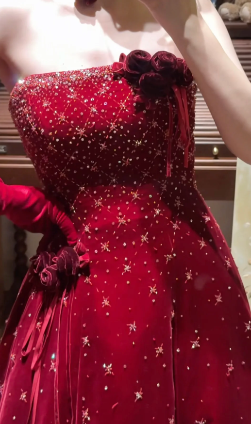 Pretty Burgundy Strapless Velvet Beaded Long Birthday Party Dress Evening Dress D2040