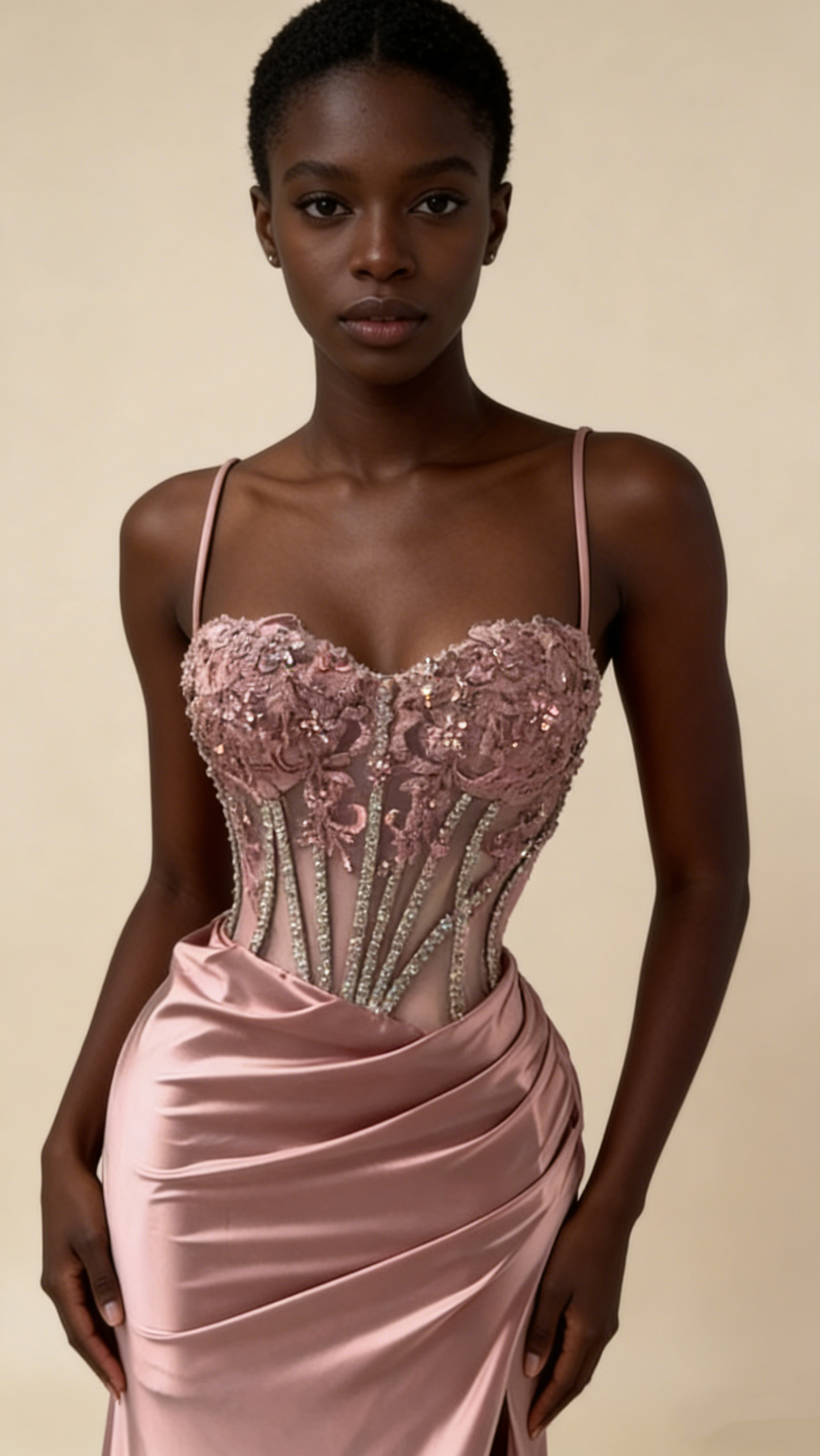 Charming Prom Dress Pink Spaghetti Straps Beaded Satin Long Evening Party Dress Birthday Outfits, D1018