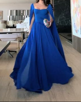 Blue A-Line Chiffon Cape Sleeves Long Formal Evening Party Dress, D118
