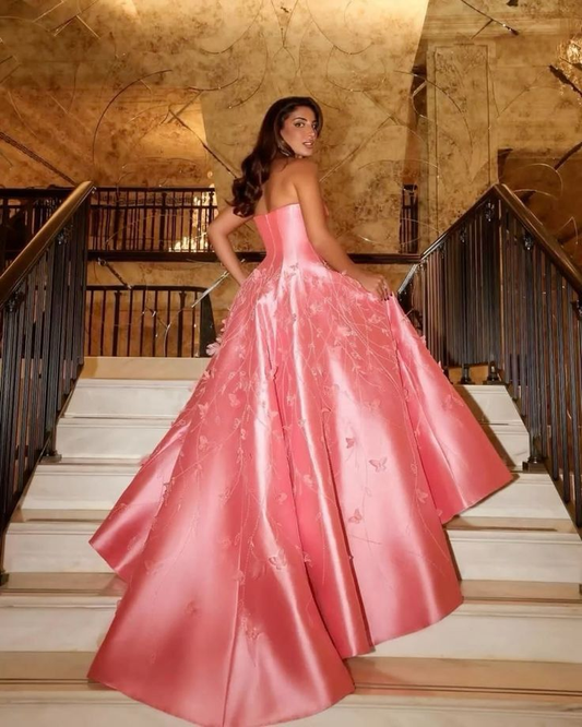 Gorgeous Pink Sweetheart Neck Satin Sequin Appliques Long Prom Dress Birthday Party Dress D1212