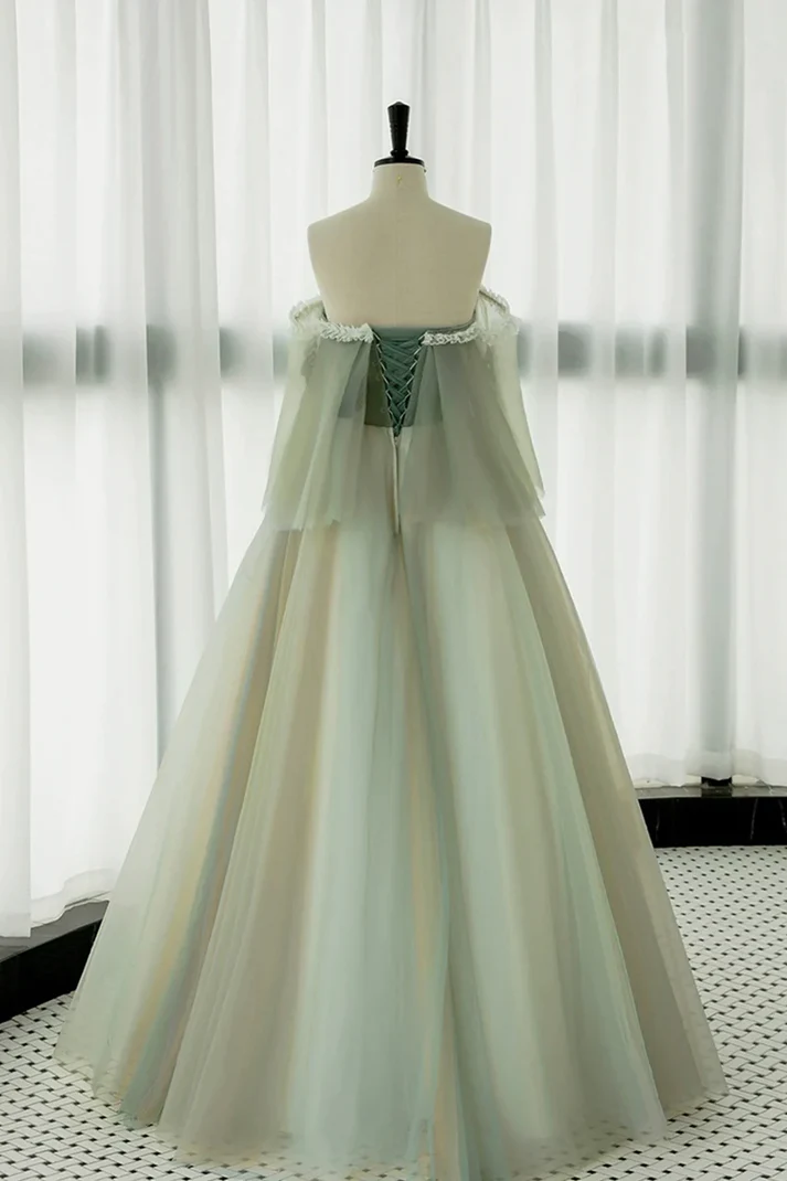 Light Green Strapless A-line Tulle Prom Dress,Unique Evening Dresses fg8574