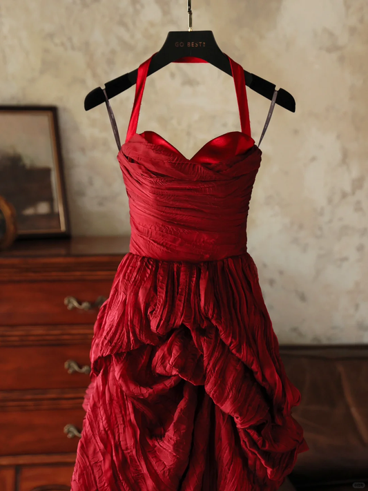 Elegant Sheath Halter Wine Red Satin Long Prom Dresses Party Dress Summer 20th Birthday Outfits 18th Birthday Dresses DH1139