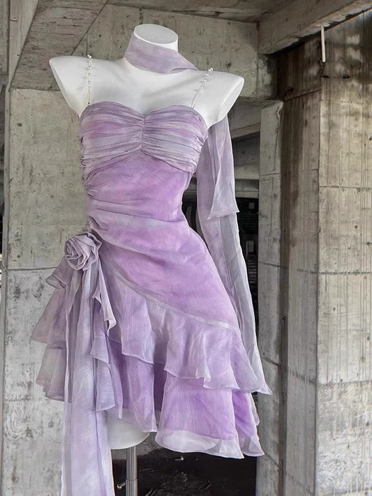 Classy A Line Spaghetti Straps Lilac Chiffon Short Mini Formal 8th Grade Homecoming Dresses Middle School Hoco Court Dress 16th Birthday Dress Hoco Outfits DH1890