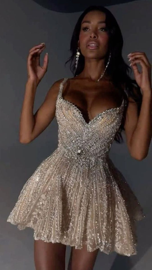 Fancy Short Hoco Dresses A line Straps Champagne Mini Formal 8th Grade Homecoming Dresses Summer Middle School Homecoming Outfits DH25
