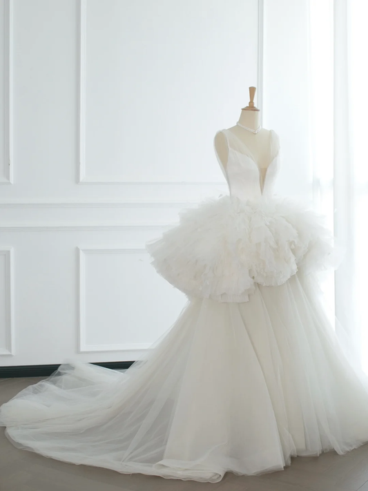 Elegant Wedding Dress Ball Gown V Neck White Tulle Summer Long Wedding Dresses Bride Dress Bridal Gowns DH367