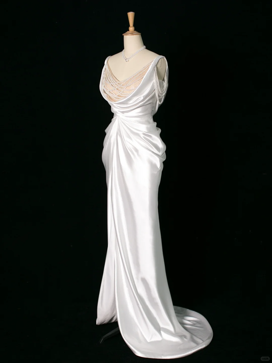 Chic Wedding Dress Mermaid Straps White Satin Sleeveless Long Vintage Wedding Dresses Bridal Gowns Brides Dress DH395