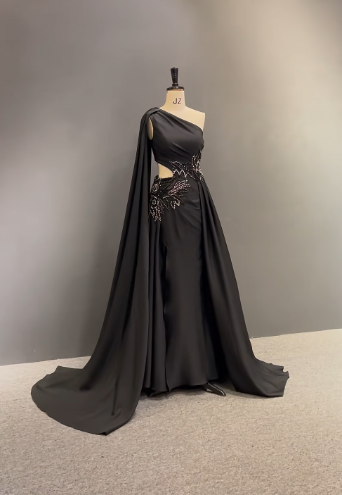 Elegant One -shoulder Sheath Long Prom Dresses Satin Black Evening Dresses DP04047