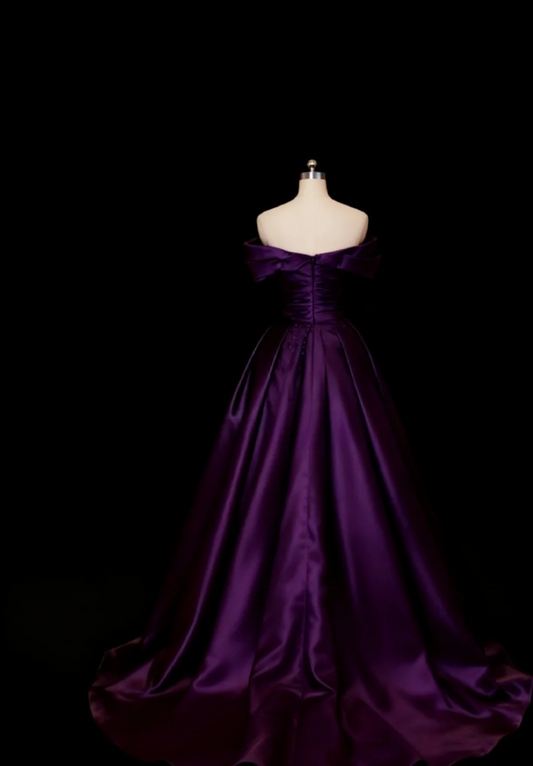 Elegant Strapless A-Line Long Prom Dresses Satin Purple Evening Dresses Sleeveless Birthday Dresses DP04080