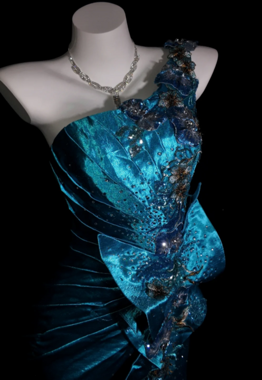 Glam Off-shoulder Sheath Long Prom Dresses Satin Beaded Teal Evening Dresses Sleeveless Mother of the Bride Dresses DP04106