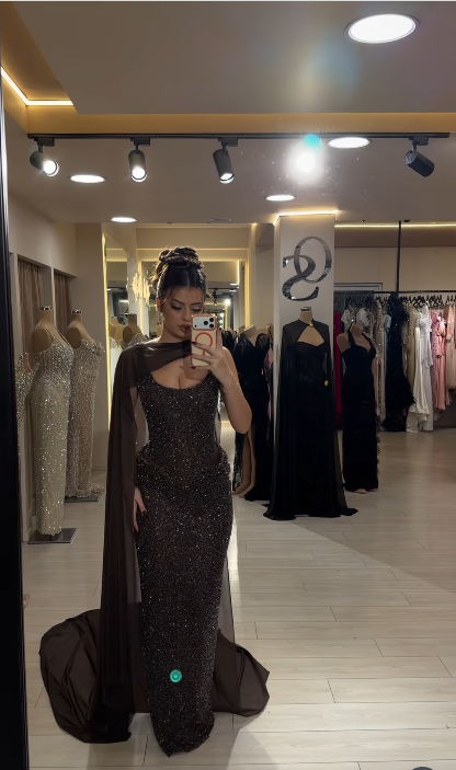 Glitter Sheath Brown Long Prom Dresses Chiffon Beaded Sleeveless Evening Gowns DP04171