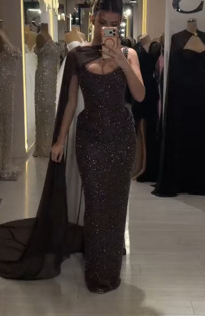 Glitter Sheath Brown Long Prom Dresses Chiffon Beaded Sleeveless Evening Gowns DP04171