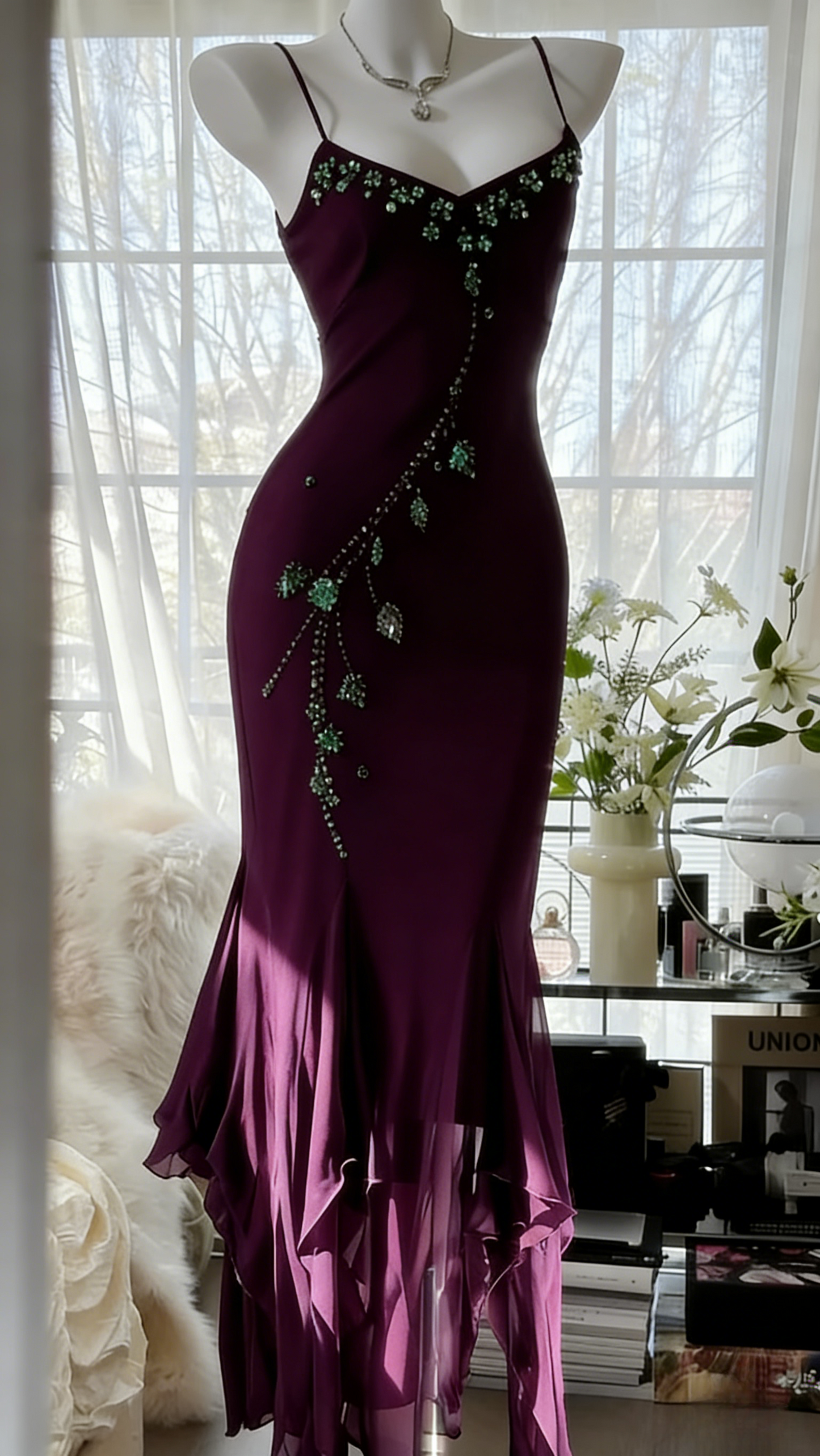 Chic Spaghetti Straps Sheath Long Prom Dresses Chiffon Beaded Dark Green Evening Gowns Sleeveless Birthday Dresses DP04173
