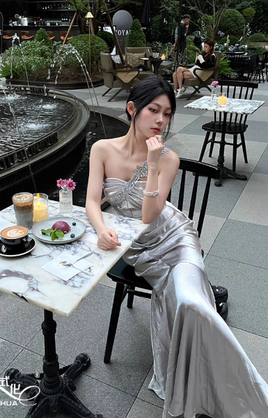 Chic One-shoulder Mermaid Silver Prom Dresses Satin Sleeveless Long Evening Dresses DP04198