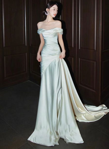 Glam Off-shoulder Sheath Long Wedding Dresses Satin White Bridal Gowns Sleeveless Bridal Dresses DP04302