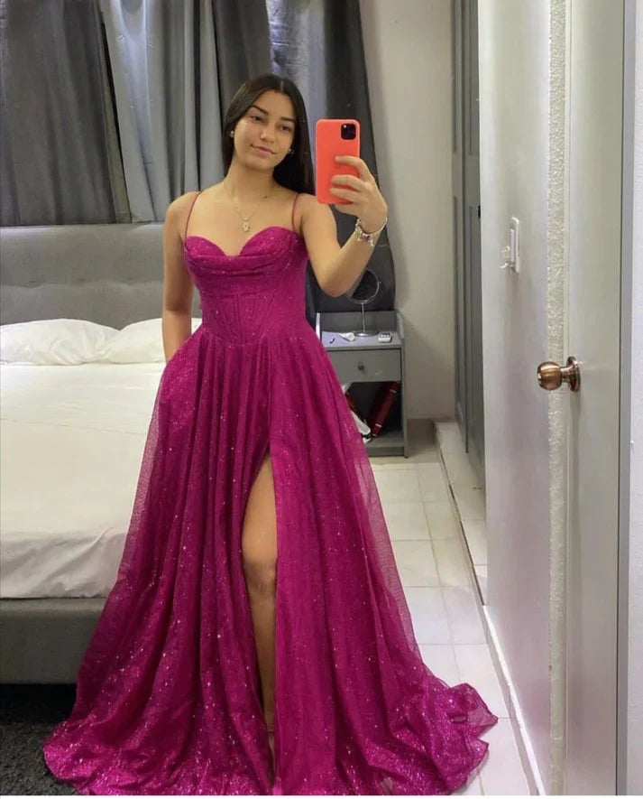 Fuchsia A-line Long Prom Dresses Sexy Tulle Sleeveless Evening Dresses Spaghetti Straps Party Dresses DP04327