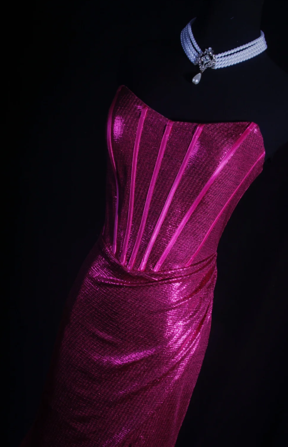 Fuchsia Sheath Long Prom Dresses Sexy Satin Sleeveless Evening Dresses Strapless Party Dresses DP04328