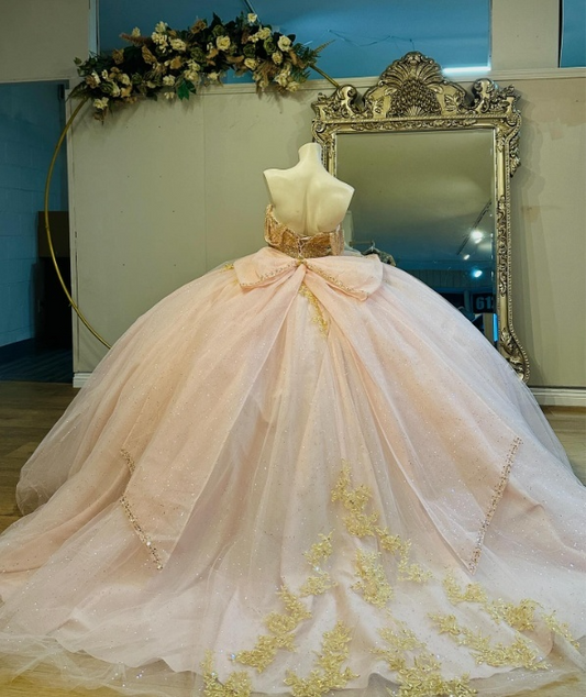 Gorgeous Off-shoulder Ball Gown Long Prom Dresses Tulle Appliques Pink Quinceanera Dresses Sleeveless Sweet 16 Dress DP04375