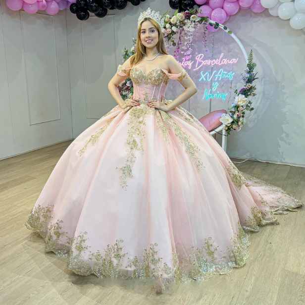 Gorgeous Off-shoulder Ball Gown Long Prom Dresses Tulle Appliques Pink Quinceanera Dresses Sleeveless Sweet 16 Dress DP04375