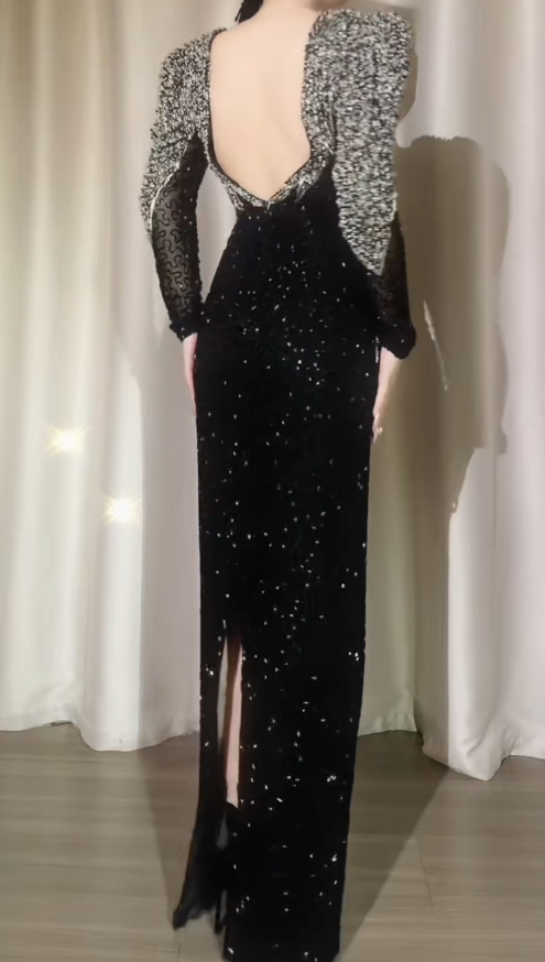Glam Black Sheath Long Evening Dresses Velvet Beaded Long Sleeves Wedding Guest Dresses with Open Back DP04405