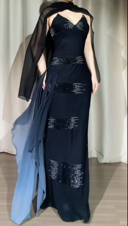 Glam Black Sheath Long Prom Dresses Chiffon Beaded Spaghetti Straps Evening Dresses DP04478