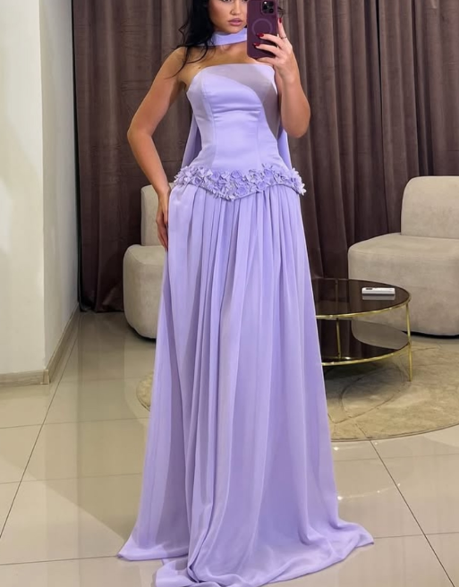 Elegant Strapless Sheath Long Prom Dresses Tulle Lilac Evening Dresses DP04503