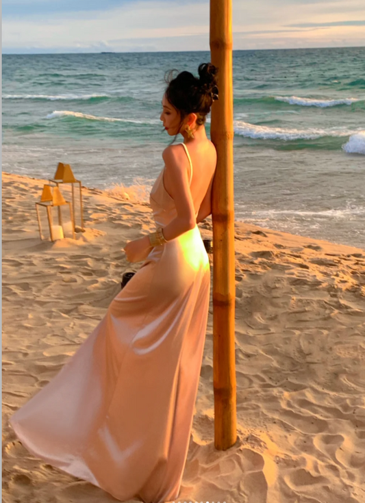Elegant Spaghetti Straps Sheath Long Prom Dresses Satin Sleeveless Evening Dresses DP04508