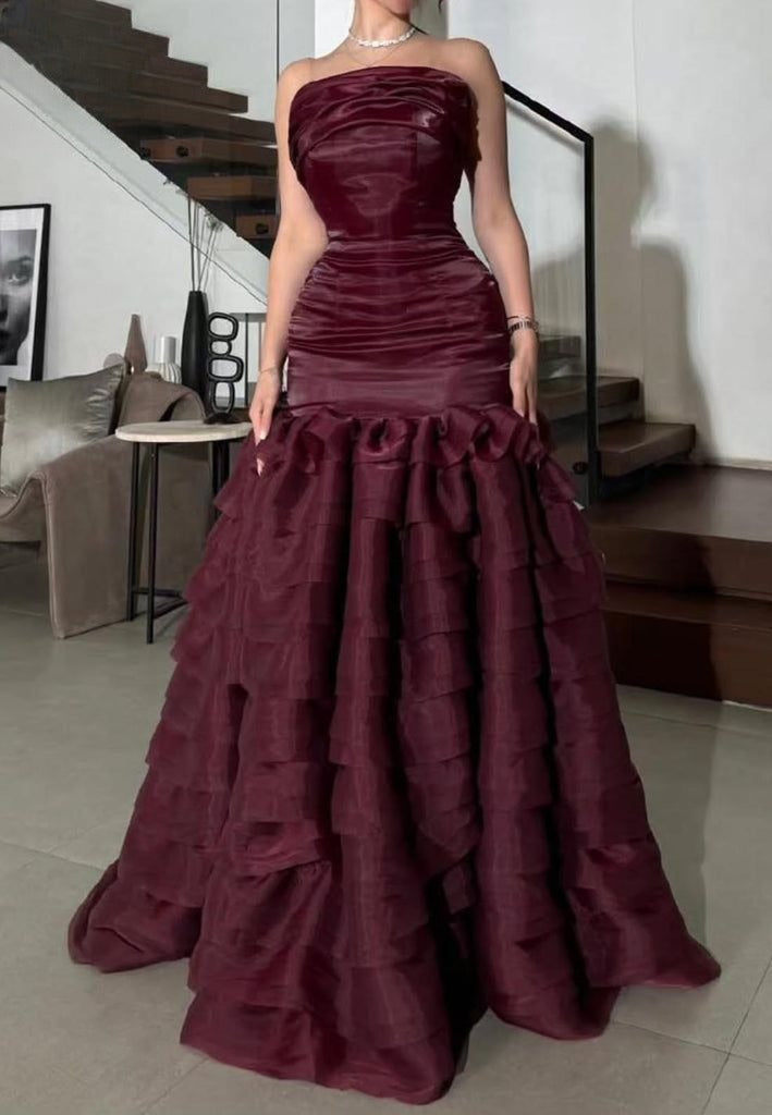 Chic Sheath Evening Dresses Strapless Burgundy Long Prom Dresses Tulle Sleeveless Brithday Dresses DP04568
