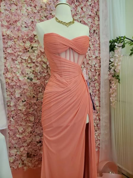 Chic Sheath Evening Dresses Sweetheart Coral Long Prom Dresses Chiffon Sleeveless Brithday Dresses DP04569