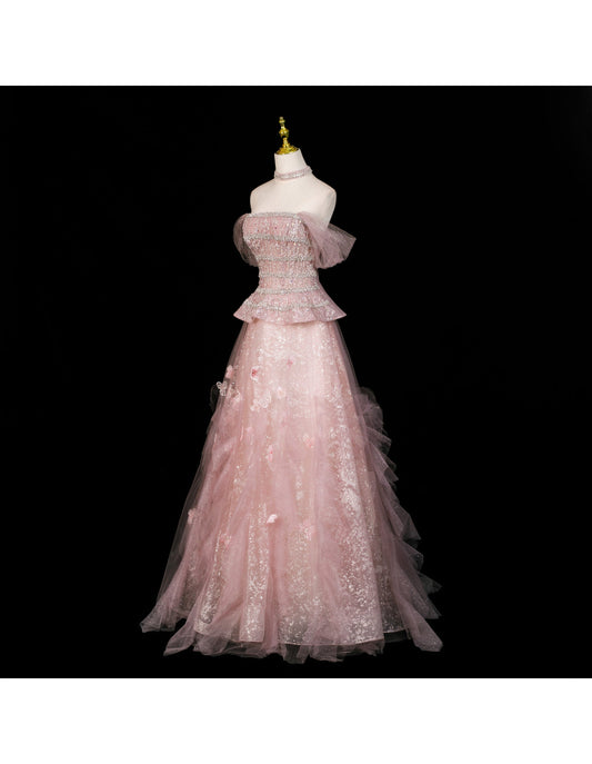 Fairy A-Line Evening Dresses Off-shoulder Pink Long Prom Dresses Appliques Sequins Tulle Sleeveless Brithday Dresses DP04574