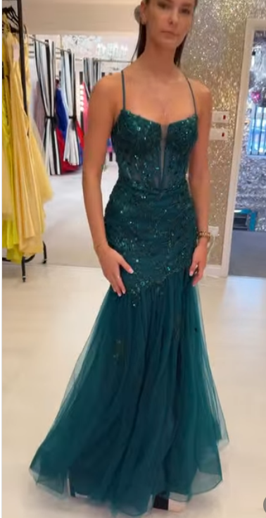 Elegant Mermaid Evening Dresses Tulle Spaghetti Straps Dark Green Long Prom Dresses Sequins Sleeveless Brithday Dresses DP04583