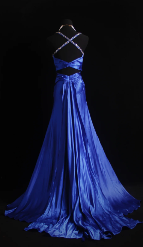 Chic Sheath Evening Dresses Beaded Satin Blue Long Prom Dresses Spaghetti Straps Brithday Dresses DP04588