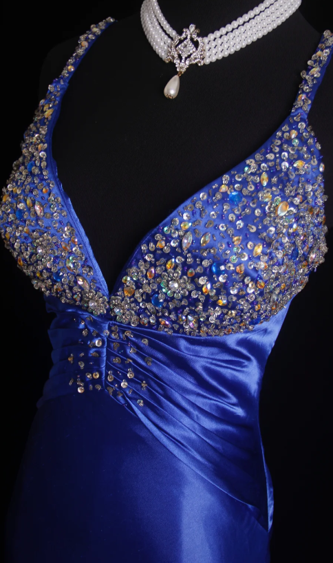 Chic Sheath Evening Dresses Beaded Satin Blue Long Prom Dresses Spaghetti Straps Brithday Dresses DP04588