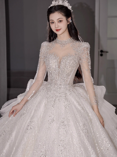 Chic A-Line Long Wedding Dresses Tulle White Bridal Gowns Long Sleeves Bridal Dresses DP04595