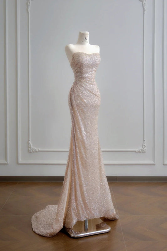 Elegant Strapless Sheath Long Prom Dresses Tulle Sequins Champagne Evening Dresses DP04597