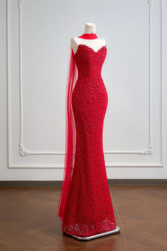 Elegant Sweetheart Mermaid Long Prom Dresses Lace Beaded Red Evening Dresses DP04598