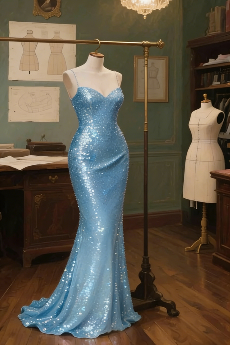 Chic Sequins Blue Long Prom Dresses Spaghetti Straps Mermaid Evening Dresses DP04761