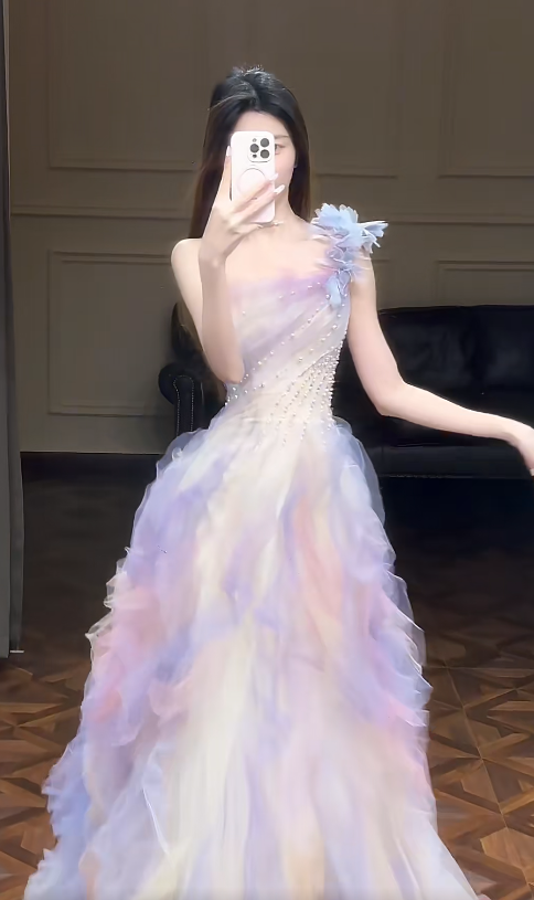 Chic A-Line Long Prom Dresses Tulle One-shoulder Sleeveless Evening Dresses DP04771
