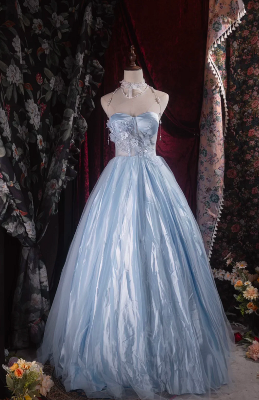 Gorgeous Blue Long Prom Dress Tulle Sweetheart Party Dress A-Line Sleeveless Evening Dress DP04880