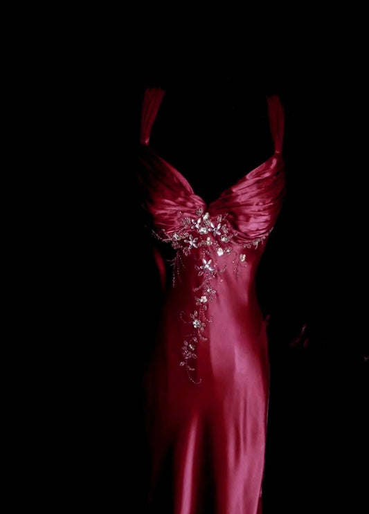 Elegant V-neck Red Long Prom Dresses Beaded Satin Sheath Evening Dress Backless Sleeveless Birthday Dress DP04936