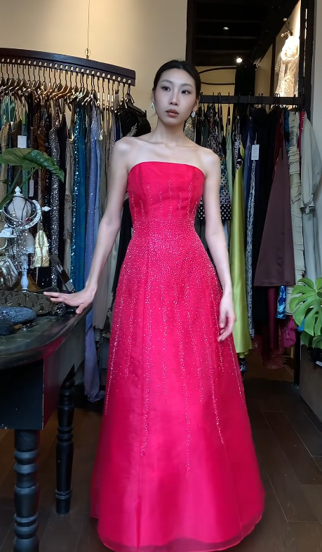 Gorgeous Hot Pink Long Prom Dresses Beaded Tulle Strapless A-Line Evening Dress DP04970