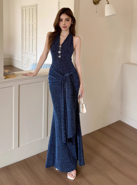 Chic Navy Blue Birthday Dress Mermaid Long Prom Dress V-neck Sleeveless Evening Dress DP04991
