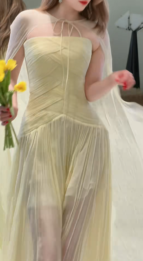 Fashion Yellow Long Prom Dress Chiffon Strapless Sheath Evening Dress Sleeveless Birthday Dress DP04997